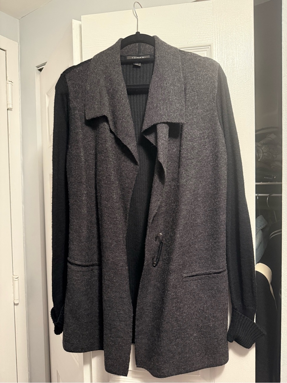 Tahari Two-Tone Open Front Knit Jacket - Gray & Black